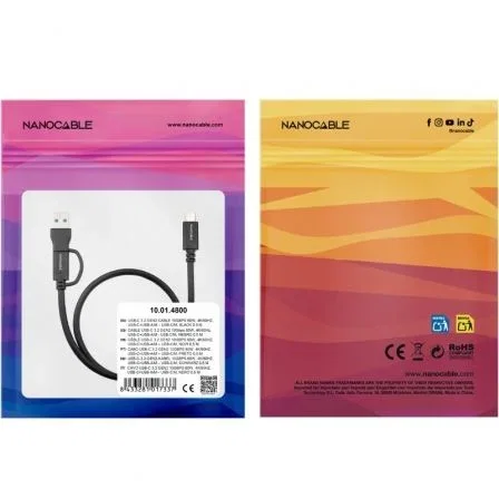 Nano Cable Cable USB-C 3.2 Gen2 Ref. 10.01.4800 - USB-C Macho a USB-C/USB-A Macho, 10 Gbps, 60W Carga Rápida, Compatible 4K 60Hz, 0.5m (50cm), Negro